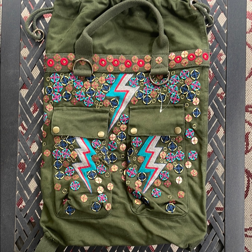 Free People X the Falls Olive Canvas Backpack with Embroidered Accents